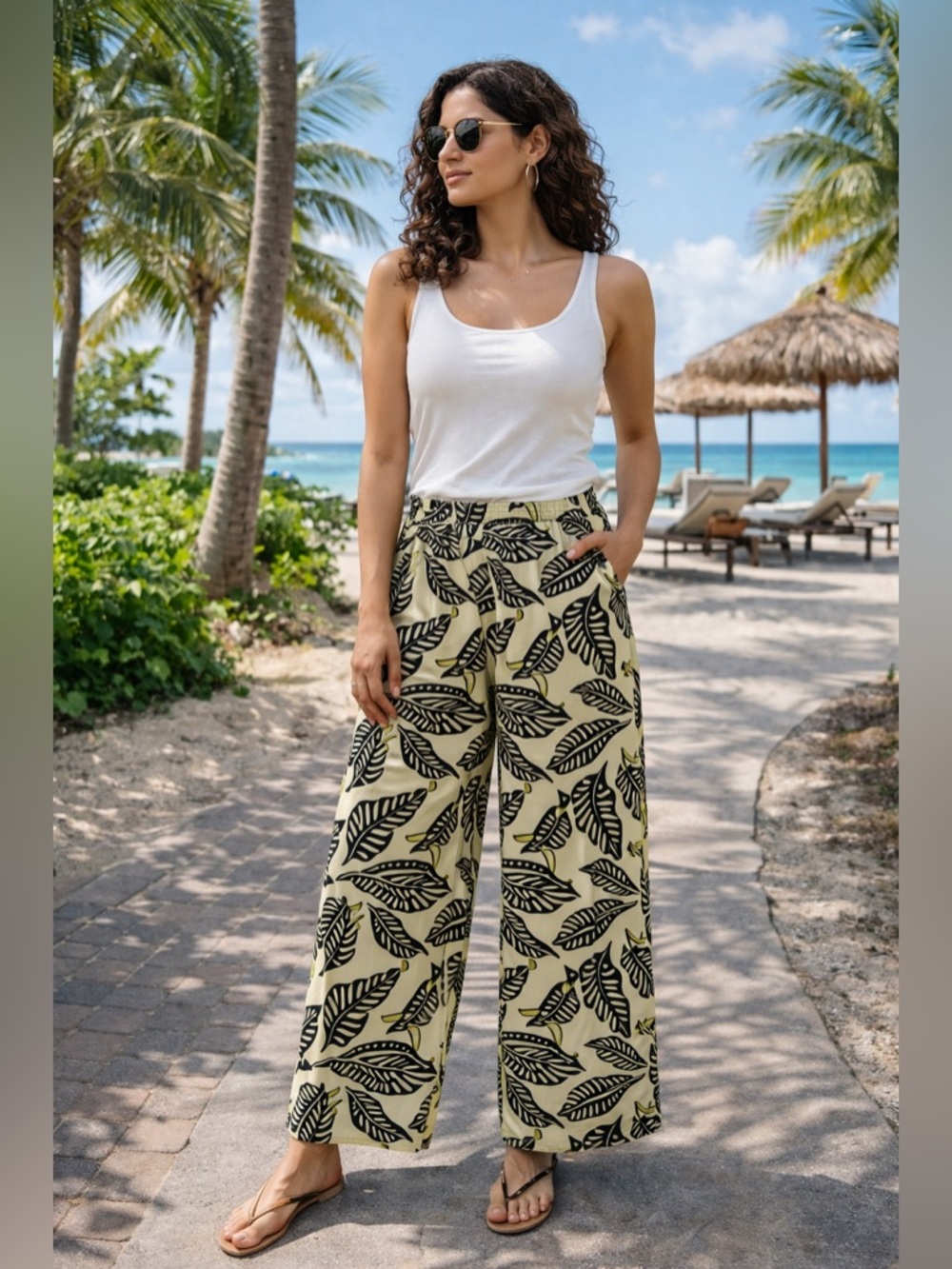 252 Jane & Delancey Tropical Print Wide Leg Pants S Black Yellow Flowy Resort